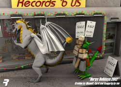 2012 3d_(artwork) 4_toes anisodactyl anthro christmas digital_media_(artwork) dragon duo european_mythology feet feral green_body green_scales greldon holidays male membrane_(anatomy) membranous_wings mythological_creature mythological_scalie mythology rangarig rangarig_rex scales scalie small_wings store tail toes western_dragon wings