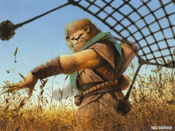 action_pose anthro armor biped blue_sky bracers catfolk day detailed_background felid field fighting_pose grass hair hasbro hunter kev_walker leonin looking_at_viewer magic:_the_gathering male mammal mane mane_hair net official_art outside perspective plant pose sky solo standing tall_grass throw_net throwing wizards_of_the_coast