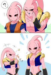 alien alien_humanoid black_sclera breasts cleavage clothed clothing dragon_ball dragon_ball_z duo ear_piercing epe-tohri female gesture hand_gesture humanoid majin majin_buu majin_lamp male midriff not_furry one_eye_closed piercing question_mark red_eyes super_buu thumbs_up whispering