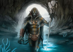 amphin animal_humanoid anthro armor backlighting bracers cave cool_colors front_view hasbro humanoid light lighting magic:_the_gathering magic_user male marine marine_humanoid mark_winters markings melee_weapon official_art partially_submerged polearm pseudo_hair scalie seashell shaman shell shell_necklace solo staff tentacle tentacle_hair tribal_spellcaster underground walking water weapon wizards_of_the_coast