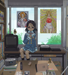  angry black_socks bookshelf clubroom controller cosplay day desk female game_console genshiken glasses harukawa_yuzuki indoors long_sleeves magazine_(object) neo_geo ogiue_chika on_desk otaku otaku_room playstation_1 playstation_2 pleated_skirt remote_control school_uniform sega sega_dreamcast serafuku sitting skirt socks solo table television videocassette_recorder whiteboard window 