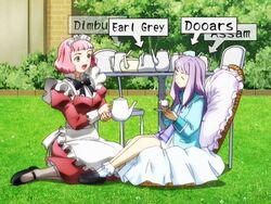  2girls anime_screenshot apron armchair arrow_(symbol) ascot bobby_socks bush chair cup day english_text grass head_tilt himeno_fumi kazahana_mashiro legs light_purple_hair long_hair long_sleeves maid maid_headdress multiple_girls my-hime neck_ribbon outdoors pink_hair puffy_sleeves ribbon seiza shoes short_hair sitting smile socks table tea teacup teapot very_long_hair 