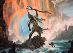 anthro athletic athletic_anthro athletic_male biped brandishing cliff clothed clothing hasbro head_crest hi_res humanoid lava lucas_graciano magic magic:_the_gathering magic_user male marine melee_weapon merfolk official_art outside particles polearm raised_arm rocky_shore sea seaside shaman solo spell split_form staff standing topless traditional_media_(artwork) tribal_spellcaster water weapon wizards_of_the_coast