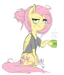 2014 blue_eyes bottomless clothed clothing container cup cutie_mark digital_media_(artwork) equid equine evehly feathered_wings feathers female feral fluttershy_(mlp) footwear friendship_is_magic grey_clothing grey_topwear hair hair_bun hasbro hi_res holding_container holding_cup holding_object hot_drink mammal messy_hair my_little_pony mythological_creature mythological_equine mythology pegasus pink_hair shirt shoes simple_background sitting slippers solo steam tired topwear white_background wings yay yellow_body yellow_feathers