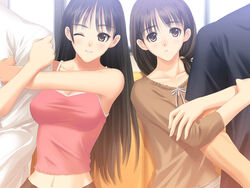  2boys 2girls arm_hug armpits black_hair breasts camisole cleavage game_cg large_breasts long_hair long_sleeves midriff mizushima_asa multiple_boys multiple_girls navel smile sora_no_iro_mizu_no_iro sorayama_natsume straight tony_taka 