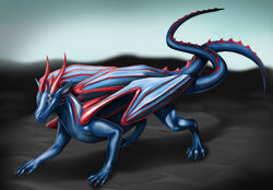 2014 biological blue_body blue_skin claws dragon feral full-length_portrait horn male membrane_(anatomy) membranous_wings mythological_creature mythological_scalie mythology portrait red_body red_skin scalie shaded solo tail wings