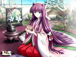  2000s_(style) akisoba bell chagama_(pot) female game_cg hair_bell hair_ornament hakama hakama_skirt japanese_clothes kagura_kaguya long_hair long_sleeves miko red_hakama saishuu_shiken_kujira skirt solo tea_ceremony very_long_hair 