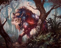 ambiguous_gender canid canine canis detailed_background feral forest hasbro hi_res looking_at_viewer lucas_graciano magic:_the_gathering mammal nature official_art outside plant snarling solo stalking star teeth tree tusks wizards_of_the_coast wolf