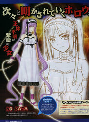  armband bracelet choker dress fate/hollow_ataraxia fate/stay_night fate_(series) female hairband highres jewelry long_hair magazine_scan photoshop_(medium) purple_hair sandals scan sketch smile solo stheno_(fate) takeuchi_takashi techgian twintails very_long_hair 