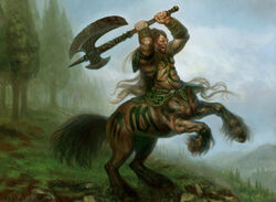 armband armor arms_above_head atmospheric_perspective attack axe battle_axe blue_sky bodypaint bracers brown_hair centaur cloud detailed_background double_bitted_axe equid equid_taur european_mythology fantasy_weapon furgonomics grass greek_mythology hair hasbro humanoid_taur landscape magic:_the_gathering male mammal mammal_taur melee_weapon muscular muscular_male muscular_taur mythology nature official_art on_hind_legs outside pauldron plant rock sky solo split_form tattoo taur tree volkan_baga warrior weapon wizards_of_the_coast