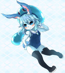 anthro blue_body blue_eyes blue_fur blue_hair blush boots clothing corriente_(show_by_rock!!) female footwear fur hair kemono lagomorph leporid mammal rabbit sanrio show_by_rock!! solo swimwear unknown_artist