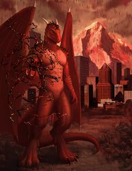 2014 abs anthro athletic biceps biped blood bodily_fluids cascadia city claws dragon hi_res horn jarek loculi male markings mountain muscular muscular_anthro muscular_male mythological_creature mythological_scalie mythology nude oregon outside pecs portland pose red_body red_eyes red_skin reptile scales scalie solo standing stripes tail toe_claws