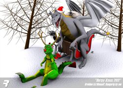 2011 3d_(artwork) anthro christmas christmas_clothing christmas_headwear claws clothing digital_media_(artwork) dragon duo european_mythology feral greldon happy hat headgear headwear holidays male membrane_(anatomy) membranous_wings mythological_creature mythological_scalie mythology rangarig rangarig_rex santa_hat scalie small_wings smile tail western_dragon wings