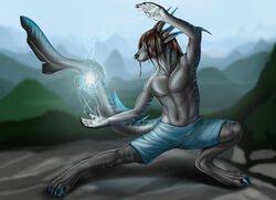 2014 action_pose anthro aquatic_dragon biological blue_body blue_skin bottomwear claws clothed clothing dragon ear_piercing facial_piercing fin fish glowing grey_body grey_skin horn hybrid magic male marine mythological_creature mythological_scalie mythology nose_piercing piercing pose scalie shaded shark shorts solo spell stripes tail topless