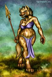 2014 anthro bottomwear clothed clothing curvy_figure digital_media_(artwork) fangs female gnoll grass hi_res hyena kekpafrany loincloth mammal melee_weapon plant polearm skimpy solo spear spotted_hyena teeth voluptuous weapon wide_hips