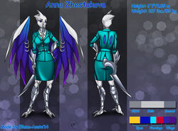 anna_zhestakova anthro anthrofied biped blue_eyes bottomwear clothing eliana-asato female front_view generation_2_pokemon metal metallic_body model_sheet nintendo piercing pokemon pokemon_(species) pokemorph simple_background skarmory skirt solo standing suit titanium wings yellow_sclera