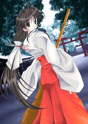  2000s_(style) artist_request bamboo_broom broom brown_hair copyright_request female hakama hakama_skirt japanese_clothes long_hair long_sleeves looking_back miko mizuhiki outdoors red_hakama skirt solo torii tree very_long_hair 