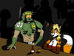 alcohol anthro armor astra_militarum bar beverage breasts canid canine clothed clothing dominant dominant_human dominant_male duo_focus felinid female food fox fully_clothed group heroesheaven human imperial_guard kasrkin male male/female mammal science_fiction simple_background skimpy warhammer_(franchise) warhammer_40000