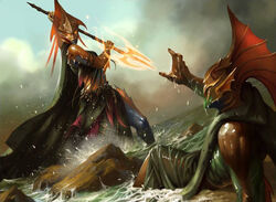 action_pose anthro cape clothing cloud daarken duo dutch_angle female fight fighting_pose fin glowing glowing_eyes hasbro head_crest lying magic:_the_gathering male marine melee_weapon merfolk official_art on_back outside particles polearm pose reaching rock rocky_shore sea sky split_form trident water weapon wizards_of_the_coast