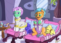 2014 absurd_res annoyed applejack_(mlp) atane27 bathrobe bathrobe_only bed blonde_hair blue_eyes bowl clothing container digital_media_(artwork) disgust duo earth_pony equid equine female feral freckles friendship_is_magic furniture green_eyes hair hasbro hi_res horn horse inside mammal mud_mask my_little_pony mythological_creature mythological_equine mythology pillow pony rarity_(mlp) robe shaded spa table towel towel_on_head unicorn