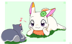 3_fingers 3_toes :3 anthro blue_eyes blush chest_tuft clover_(happy_happy_clover) clover_(plant) duo eyebrows eyelashes feet female feral fingers fluffy fluffy_tail flying_squirrel fur happy_happy_clover hickory_(happy_happy_clover) hirari_(happy_happy_clover) japanese lagomorph larger_female leporid lying male male/female mammal membrane_(anatomy) musical_note orange_body orange_fur patagium pixiv plant purple_eyes rabbit rodent sayuri_tatsuyama sciurid shamrock short_fur simple_background sitting size_difference smaller_male smile tail toes tuft unknown_artist white_body white_fur