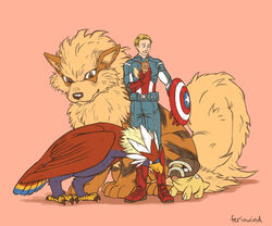 3_toes ambiguous_gender arcanine avian beak belt_pouch bird black_body black_fur blonde_hair blue_eyes boots bottomwear braviary brown_body brown_eyes brown_feathers canid canine captain_america claws clothed clothing crossover disney eevee feathers feet feral feriowind footwear fossil_pokemon fully_clothed fur generation_1_pokemon generation_4_pokemon generation_5_pokemon gloves grey_body grey_feathers group hair handwear holding_character holding_object human long_ears looking_aside male mammal marvel nintendo nude orange_body orange_fur pants pink_background pokemon pokemon_(species) pose shield shieldon short_hair simple_background sitting size_difference standing steve_rogers tan_body tan_skin team_pose toes