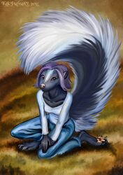 2014 anthro biped bottomwear clothed clothing detailed_background digital_media_(artwork) female grass hair hi_res kekpafrany kneeling mammal mephitid outside pants plant purple_eyes purple_hair shirt skunk solo topwear