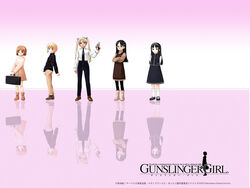  5girls angelica_(gunslinger_girl) arms_behind_back artist_request bag black_hair blonde_hair bob_cut brown_hair claes full_body gun gunslinger_girl henrietta_(gunslinger_girl) holding holding_bag holding_gun holding_weapon instrument_case long_sleeves looking_at_viewer multiple_girls pantyhose photoshop_(medium) reflection rico_(gunslinger_girl) title triela twintails weapon 