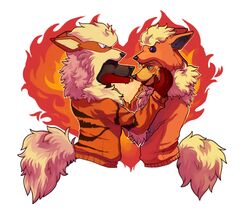 anthro arcanine blonde_hair blue_eyes brown_body brown_fur canid canine canis duo eeveelution facial_markings flareon fur generation_1_pokemon hair head_markings herpestid licking male mammal markings nintendo pokemon pokemon_(species) seth_h&auml;ser simple_background solarbyte tongue tongue_out wolf