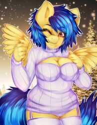 2014 anthro blue_hair breasts brown_eyes christmas christmas_tree cleavage cleavage_cutout clothed clothing cutout equid equine fan_character feathered_wings feathers female hair hasbro hi_res holidays keyhole_turtleneck legwear looking_at_viewer mammal missmixi my_little_pony mythological_creature mythological_equine mythology one_eye_closed outside panties pegasus plant silvia_windmane snow snowing solo stockings sweater topwear tree turtleneck underwear wings wink