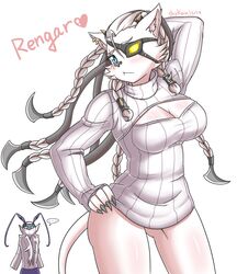 2014 anthro blue_eyes blush braided_hair breasts cleavage cleavage_cutout clothed clothing cutout ellipsis eye_patch eyewear felid female glistening glistening_body glistening_skin hair hi_res kemono keyhole_turtleneck kha&#039;zix_(lol) league_of_legends lion mammal pantherine piercing ponytail pose pupils rengar_(lol) ribbed_clothing ribbed_sweater riot_games rule_63 skykain slit_pupils solo sweater tencent topwear turtleneck twintails void_monster