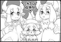 alines_(sorcerland) big_breasts bovid bovine breasts cattla_(sorcerland) cattle cleavage clothed clothing collar cowra_(sorcerland) domestic_cat felid feline felis female femboy group horn huge_breasts japanese_text looking_at_viewer male mammal monochrome pasties sorcerland text translated trio zaruku