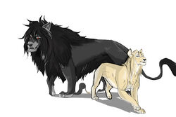 3:2 alucard_(hellsing) black_hair blonde_hair blue_eyes duo felid feral hair hellsing integra lion male mammal mane pantherine red_eyes silverkitsu size_difference