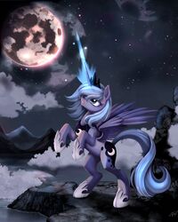 2012 4:5 absurd_res alicorn blue_body blue_eyes blue_feathers blue_hair crown cutie_mark detailed_background equid equine feathered_wings feathers female feral friendship_is_magic hair hasbro headgear hi_res horn mammal moon my_little_pony mythological_creature mythological_equine mythology night outside ponykillerx princess_luna_(mlp) sky solo star starry_sky tiara wings