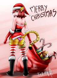 animal_humanoid athletic athletic_female athletic_humanoid belt black_belt black_stripes boots candy candy_cane cat_tail christmas christmas_clothing christmas_headwear clothed clothing costume dessert ear_piercing felid felid_humanoid female food footwear fur gem gift hair hat headgear headwear holidays humanoid jewelry keyfay_heart mammal mammal_humanoid merry_christmas necklace pantherine pantherine_humanoid panties partially_clothed piercing red_hair ring saina santa_costume santa_hat simple_background solo stripes tiger_humanoid underwear were werefelid werepantherine weretiger yellow_body yellow_fur