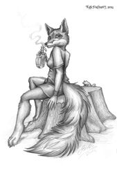 2014 amphibian anthro beverage canid canine female food fox frog hi_res kekpafrany mammal monochrome solo traditional_media_(artwork) tree_stump