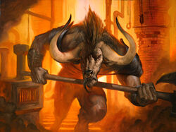 anthro appliance armor axe battle_axe boiler_room bovid bovine broken_chain chain_leash chains charging european_mythology facial_piercing fantasy_weapon front_view glowing greek_mythology hasbro holding_object holding_weapon hook horn leash lucas_graciano magic:_the_gathering male mammal melee_weapon minotaur mythology nose_leash nose_piercing nose_ring official_art piercing pipe red_eyes restricted_palette ring_piercing septum_piercing solo stairs stove tail tail_tuft tuft weapon wizards_of_the_coast