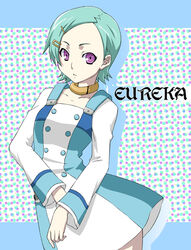  aqua_hair arms_at_sides blue_dress breasts buttons character_name choker collarbone contrapposto cowboy_shot double-breasted dress eureka_(eureka_seven) eureka_seven eureka_seven_(series) female hair_ornament hairclip jewelry kuroo_(project_apricot) long_sleeves looking_at_viewer multicolored_clothes multicolored_dress neck_ring photoshop_(medium) purple_eyes screentones short_hair small_breasts solo white_dress 