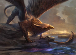 adam_paquette ambiguous_gender ass_up avian beak detailed_background feathered_wings feathers feet feral gryphon hasbro long_tail looking_down magic:_the_gathering mythological_avian mythological_creature mythology official_art rock rocky_shore solo spread_wings standing star tail talons toes water wings wizards_of_the_coast