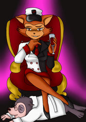 alcohol anthro beverage breasts clothed clothing dinredfire domestic_cat duo felid feline felis female food hat headgear headwear mammal pamela_bondani patrol_03 sitting smile uniform wine