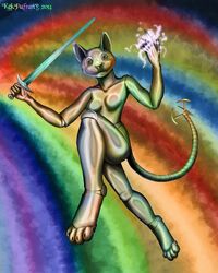 2014 :3 anthro colorful_theme digital_media_(artwork) domestic_cat felid feline felis female hi_res iridescent iridescent_body kekpafrany machine magic mammal melee_weapon rainbow rainbow_arch rainbow_background robot simple_background solo spell sword weapon