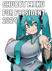  1girls big_breasts blue_eyes blue_hair blue_tie chubby chubby_female cute dizzyspells fat fully_clothed hatsune_miku light-skinned_female light_skin looking_away nervous nervous_smile nervous_sweat overweight overweight_female peace_sign solo sweatdrop text twintails vocaloid white_background white_text 