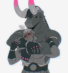  asterius_(hades) blush darkmode_proxy european_mythology greek_mythology groping_from_behind hades_(game) happy hugging_from_behind laurel_crown limited_palette love male_only minotaur monster muscular_male mythology public_domain smile theseus_(hades) wholesome 