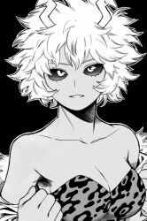  1girls ashido_mina bare_shoulders big_breasts black_background black_sclera boku_no_hero_academia cleavage female female_focus female_only fur_trim hair_between_eyes horikoshi_kouhei horn horns jacket_off_shoulders jacket_removed leopard_print looking_at_viewer mina_ashido monochrome my_hero_academia off_shoulder official_art open_mouth seductive seductive_gaze seductive_pose short_hair sleeveless_dress slight_smile spiked_hair teen teen_girl teenage_girl teenager teeth white_outline young young_female 