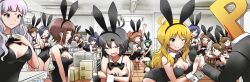  1boy 6+girls ahoge akizuki_ritsuko amami_haruka animal_ears anman_(yxwu7733) antenna_hair arm_up bare_shoulders black_hair black_leotard blonde_hair blood blue_hair blush bow bowtie breasts brown_hair cleavage closed_mouth covering_chest covering_privates detached_collar fake_animal_ears fake_tail flat_chest flying_sweatdrops futami_ami futami_mami ganaha_hibiki glasses green_eyes green_hair grey_hair hagiwara_yukiho hand_on_own_face hand_up hands_up highres holding holding_shovel hoshii_miki idolmaster idolmaster_(classic) kikuchi_makoto kisaragi_chihaya large_breasts leaning_on_object leotard long_hair medium_breasts minase_iori miura_azusa multiple_girls nosebleed open_mouth orange_hair otonashi_kotori p-head_producer playboy_bunny ponytail producer_(idolmaster) purple_eyes rabbit_ears rabbit_tail running shijou_takane short_hair shovel sitting small_breasts smile standing strapless strapless_leotard tail takatsuki_yayoi tears twintails wrist_cuffs 