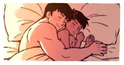  1boy black_hair clark_kent closed_eyes couple d-e-r-i dark-skinned_female dark_skin dc_comics female highres lois_lane lying muscular muscular_male my_adventures_with_superman on_side pillow short_hair sleeping spooning straight superman_(series) under_covers 