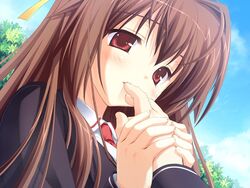  blush bra-ban! brown_hair female finger_sucking game_cg holding_hands kobuichi long_hair long_sleeves nakanoshima_tae out_of_frame pov pov_hands red_eyes school_uniform solo_focus 