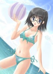  aqua_bikini artist_request ball bare_arms bare_shoulders bikini black_hair breasts day female glasses holding holding_ball kurihara_touko light_rays medium_hair ocean outdoors side-tie_bikini_bottom small_breasts solo swimsuit tenshi_no_inai_12-gatsu wading 