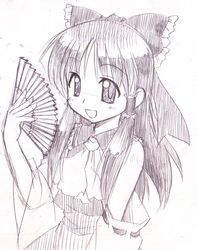  ascot bow detached_sleeves female folding_fan fumotono_mikoto hair_tubes hairbow hakurei_reimu hand_fan monochrome photoshop_(medium) purple_theme sketch smile solo touhou 