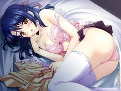  :o akino_takehiko ankoromochi ass bed blue_hair blush bow bow_bra bra breasts camisole clothes_lift embarrassed female finger_to_mouth frilled_bra frills from_above game_cg hair_ribbon hayama_mitsuki indoors jpeg_artifacts lace lingerie looking_at_viewer lying miniskirt on_side open_mouth panties parted_bangs pink_bra pink_panties pleated_skirt ribbon scarlett shirt short_hair skirt skirt_lift solo strap_slip thighhighs underwear untied unworn_shirt watermark white_thighhighs yellow_eyes 